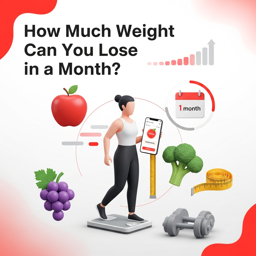 Create a modern, flat-design or semi-3D graphic-style featured image for a health and fitness blog article titled “How Much Weight Can You Lose in a Month? Safe & Realistic Guide.” The image should include: Human figure (male or female) exercising, checking progress on a scale, or tracking calories on a phone. Graphic icons of fruits, vegetables, dumbbells, and a measuring tape around the person. A calendar or progress bar illustration to symbolize one-month transformation. Typography overlay: “How Much Weight Can You Lose in a Month?” in clean, bold modern font. Color scheme: primary colors red and white, with shades of gray or black for accents. Design style: bright, minimal, vector or 3D-illustrated look — flat icons, gradients, and motion-feel composition. Aspect ratio: 16:9 (1200×628 px) — suitable for blog banners and Google Discover. How much weight can you lose in a month