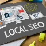 Local business with SEO map listings and digital analytics overlay