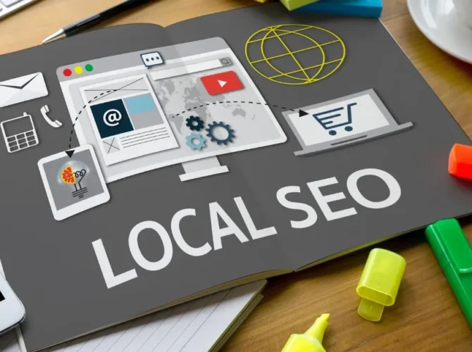 Local business with SEO map listings and digital analytics overlay